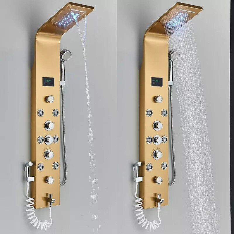 Panel de Duș BisDesign® Auriu Periat cu LED și Display Digital, 128 cm, Funcție SPA și Cascadă [2]