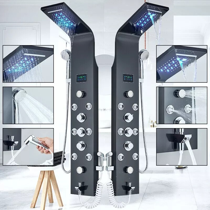 Panel de duș BisDesign® negru metalizat cu LED, display digital, funcție ploaie, cascadă și hidromasaj SPA [2]