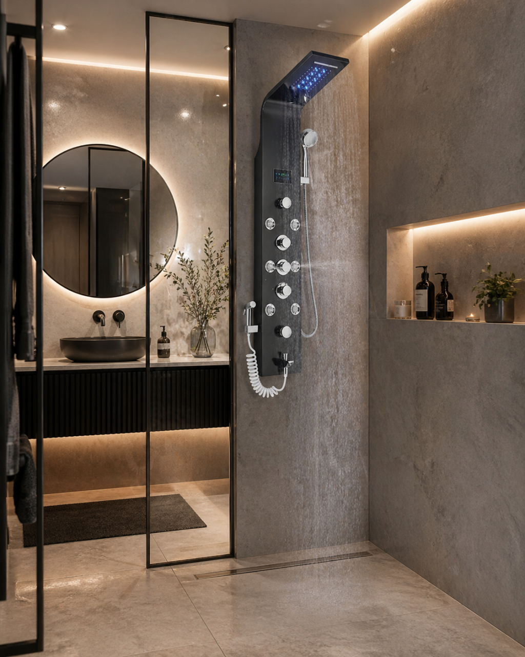 Panel de duș BisDesign® negru metalizat cu LED, display digital, funcție ploaie, cascadă și hidromasaj SPA [2]