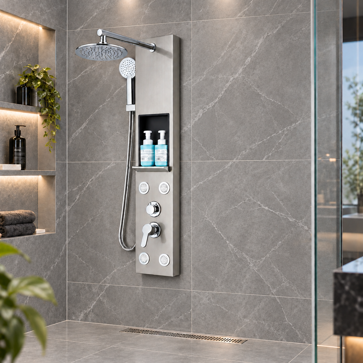 Coloană de Duș BisDesign® Crom Metalizat, Funcție Ploaie și SPA, cu Raft de Depozitare [2]