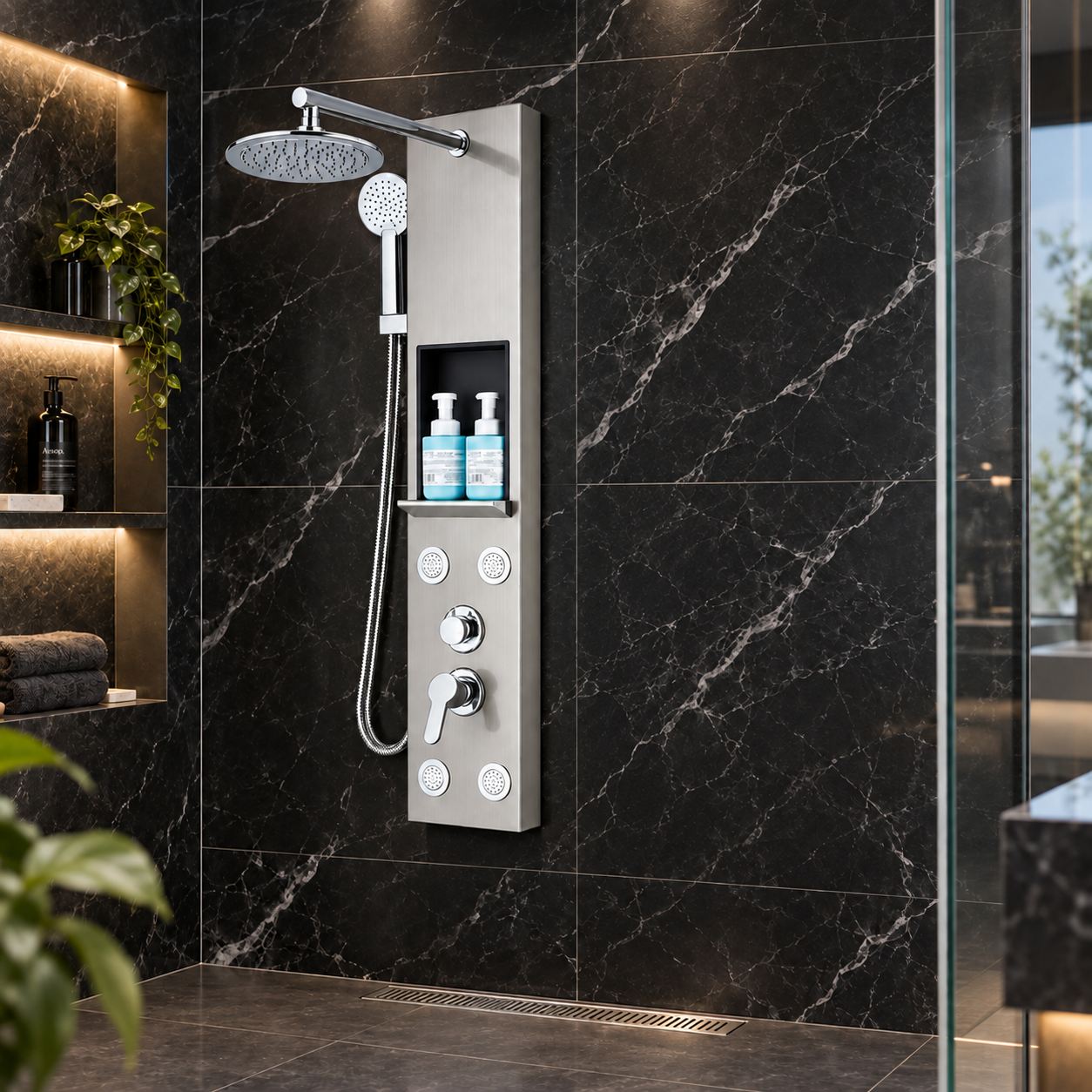 Coloană de Duș BisDesign® Crom Metalizat, Funcție Ploaie și SPA, cu Raft de Depozitare [3]