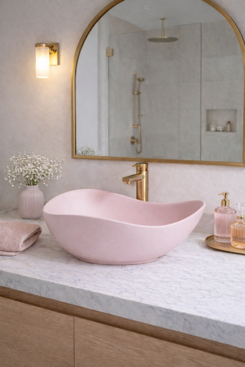 Lavoar chiuveta baie pe blat BisDesign ceramica roz mat asimetric [5]