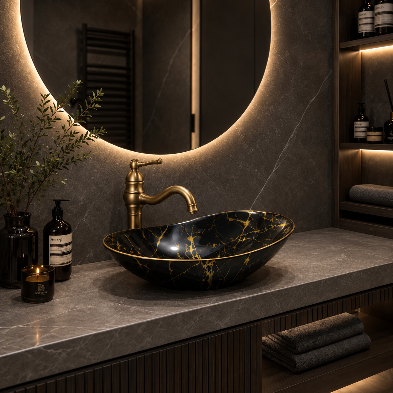 Lavoar ceramic oval asimetric BisDesign negru auriu 620x365x160 mm [2]