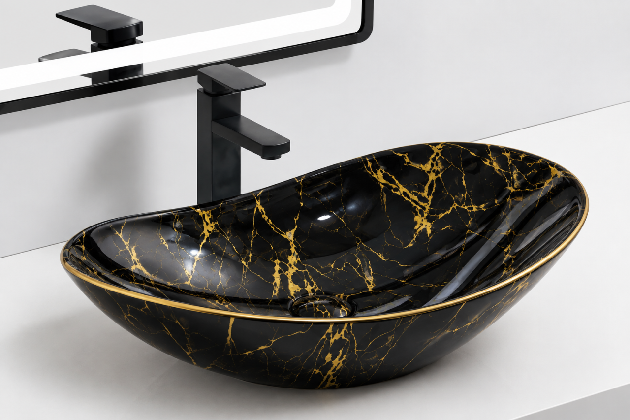 Lavoar ceramic oval asimetric BisDesign negru auriu 620x365x160 mm [3]