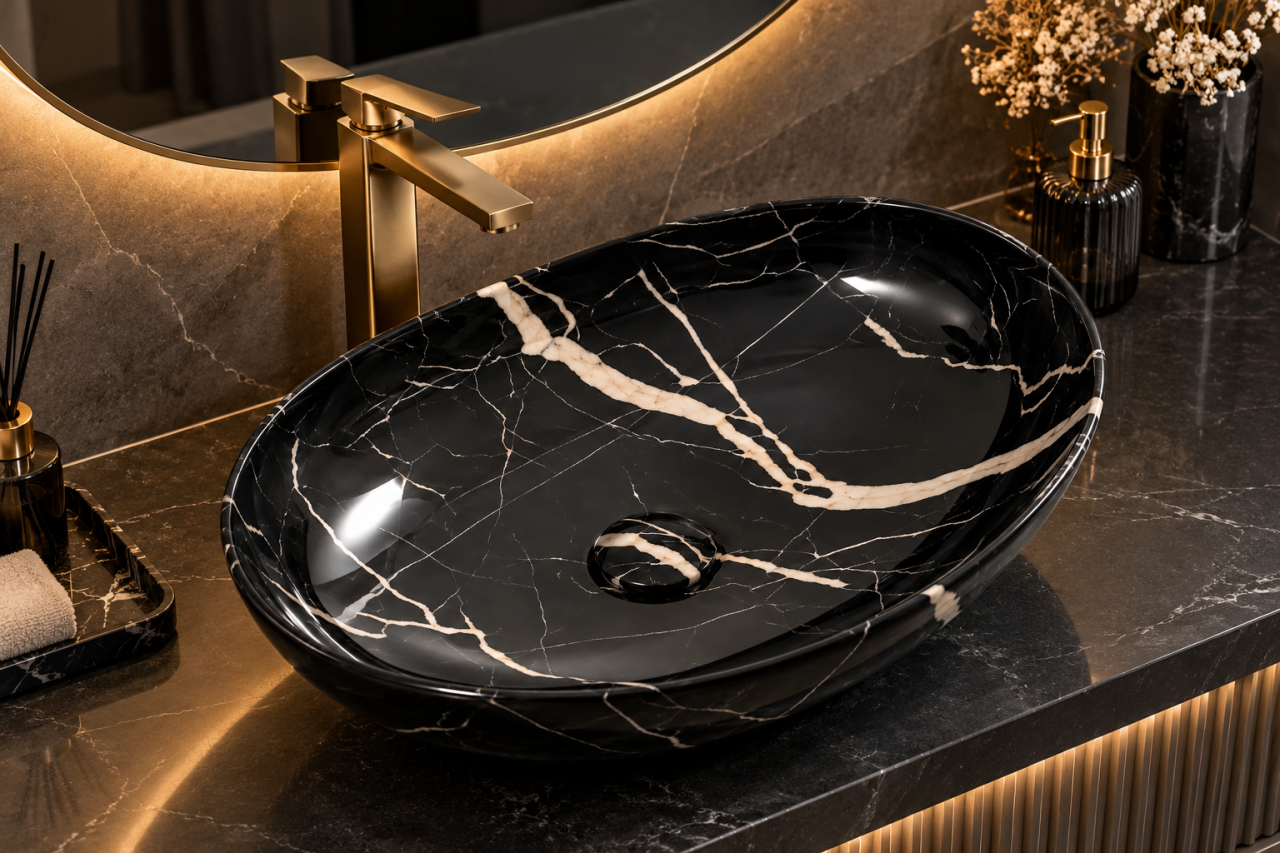 Lavoar ceramic negru marmorat oval BisDesign 515x400x130 mm [2]