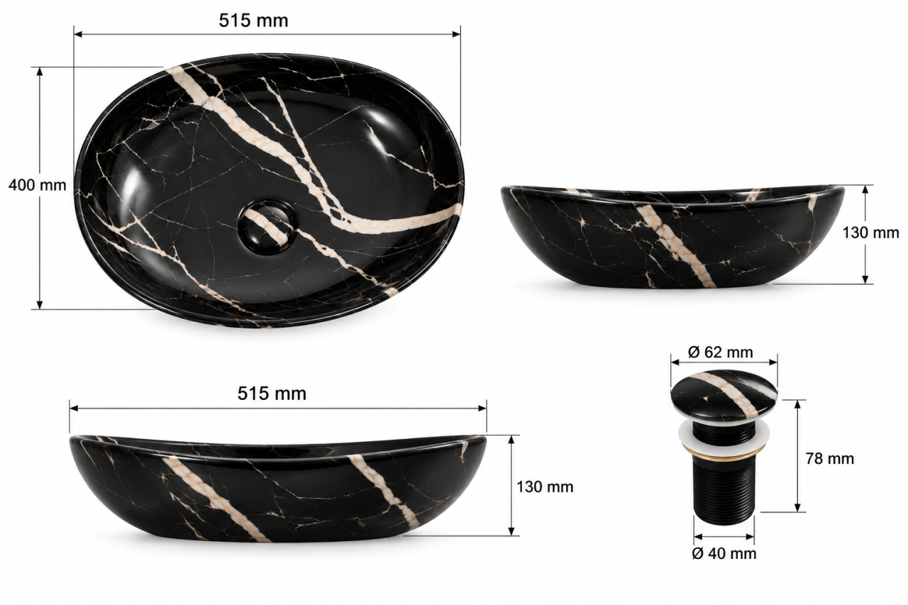 Lavoar ceramic negru marmorat oval BisDesign 515x400x130 mm [6]