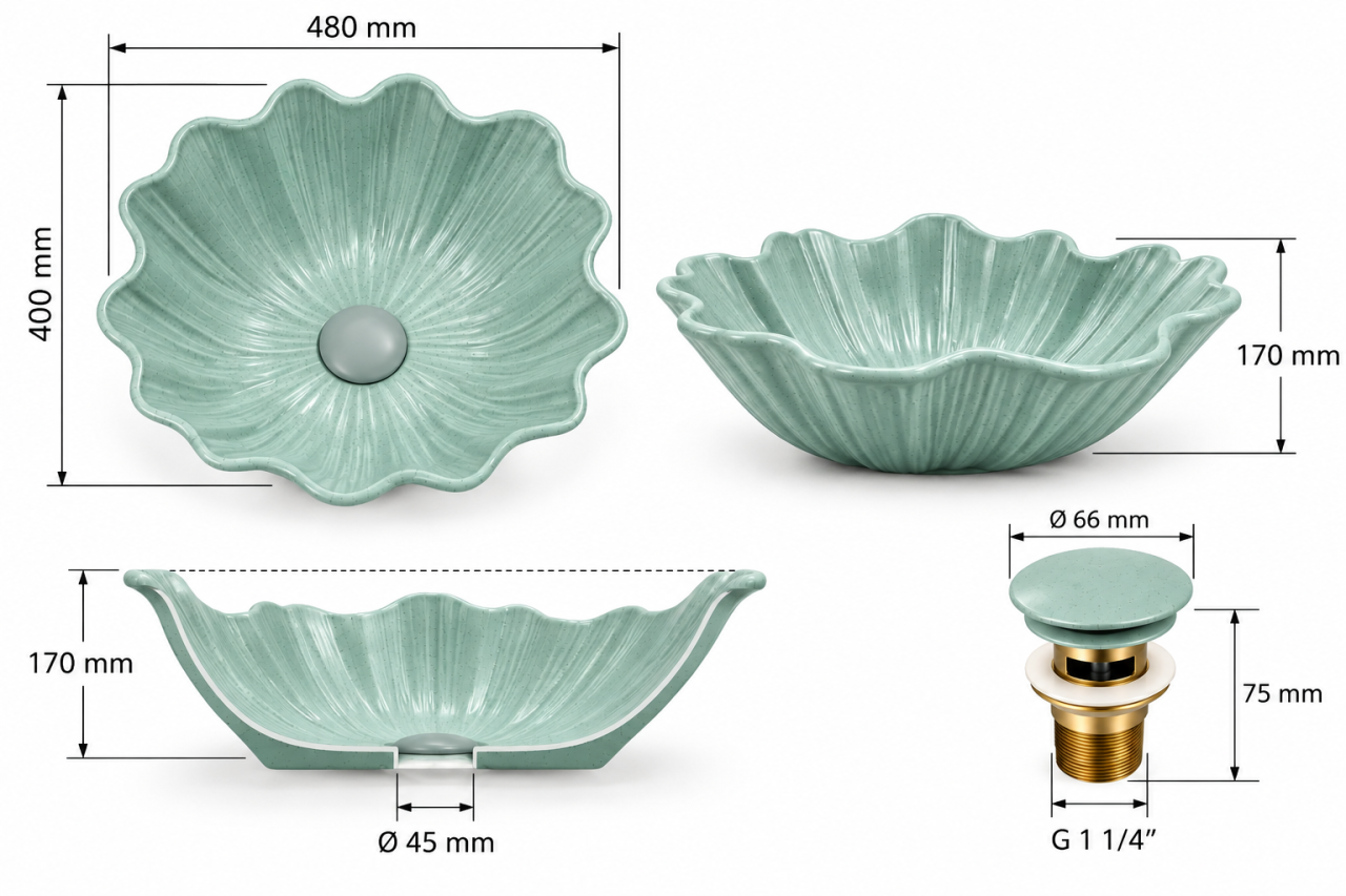 Lavoar BISDesign din Piatra Compozita Verde Sage Deschis Floral cu Ventil Inclus 480x400x170 mm [7]