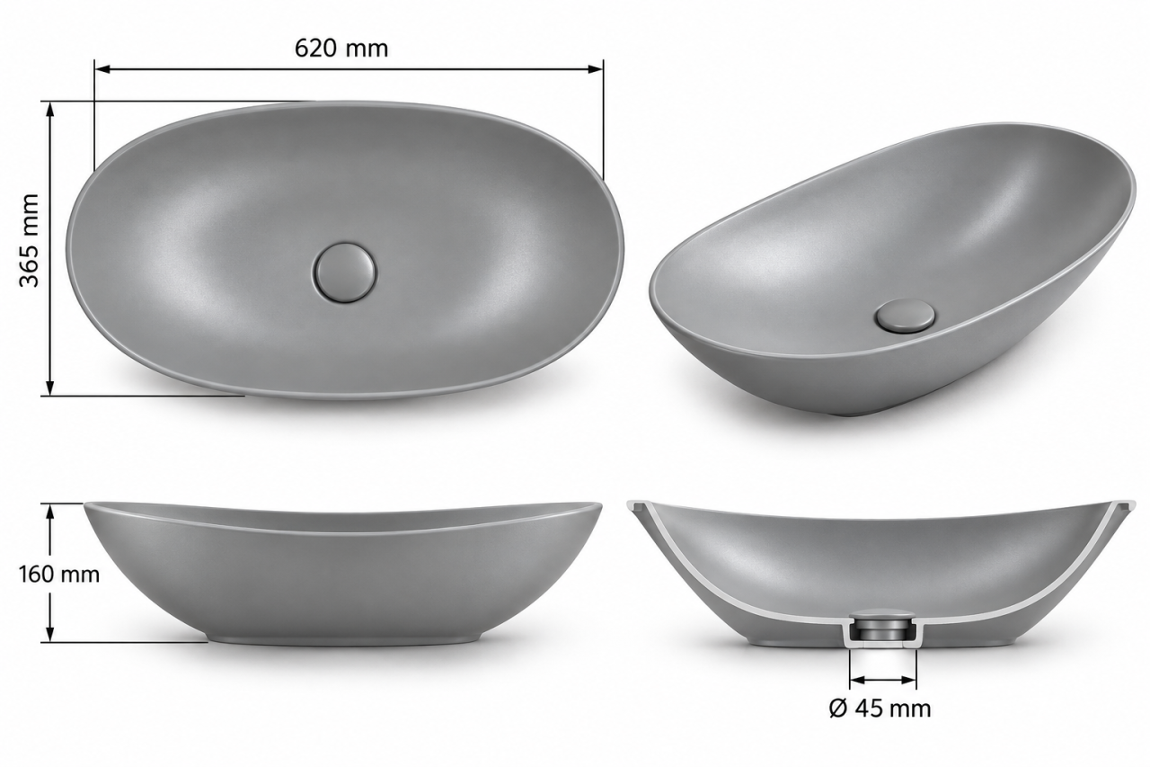 Lavoar BISDesign Ceramic Gri Mat Oval 620x365x160 mm cu Ventil Inclus [8]
