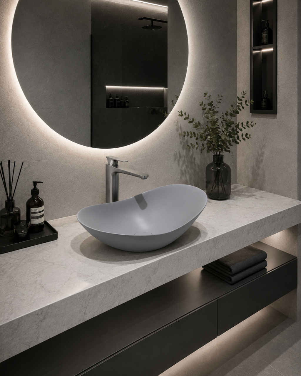 Lavoar BISDesign Ceramic Gri Mat Oval 620x365x160 mm cu Ventil Inclus [4]