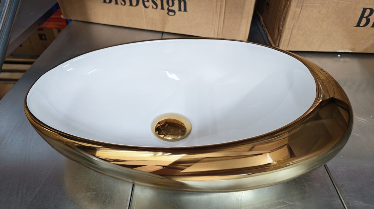 Lavoar ceramic BisDesign alb auriu lucios oval 490x310x150 mmLavoar ceramic BisDesign alb auriu lucios oval 490x310x150 mm [4]