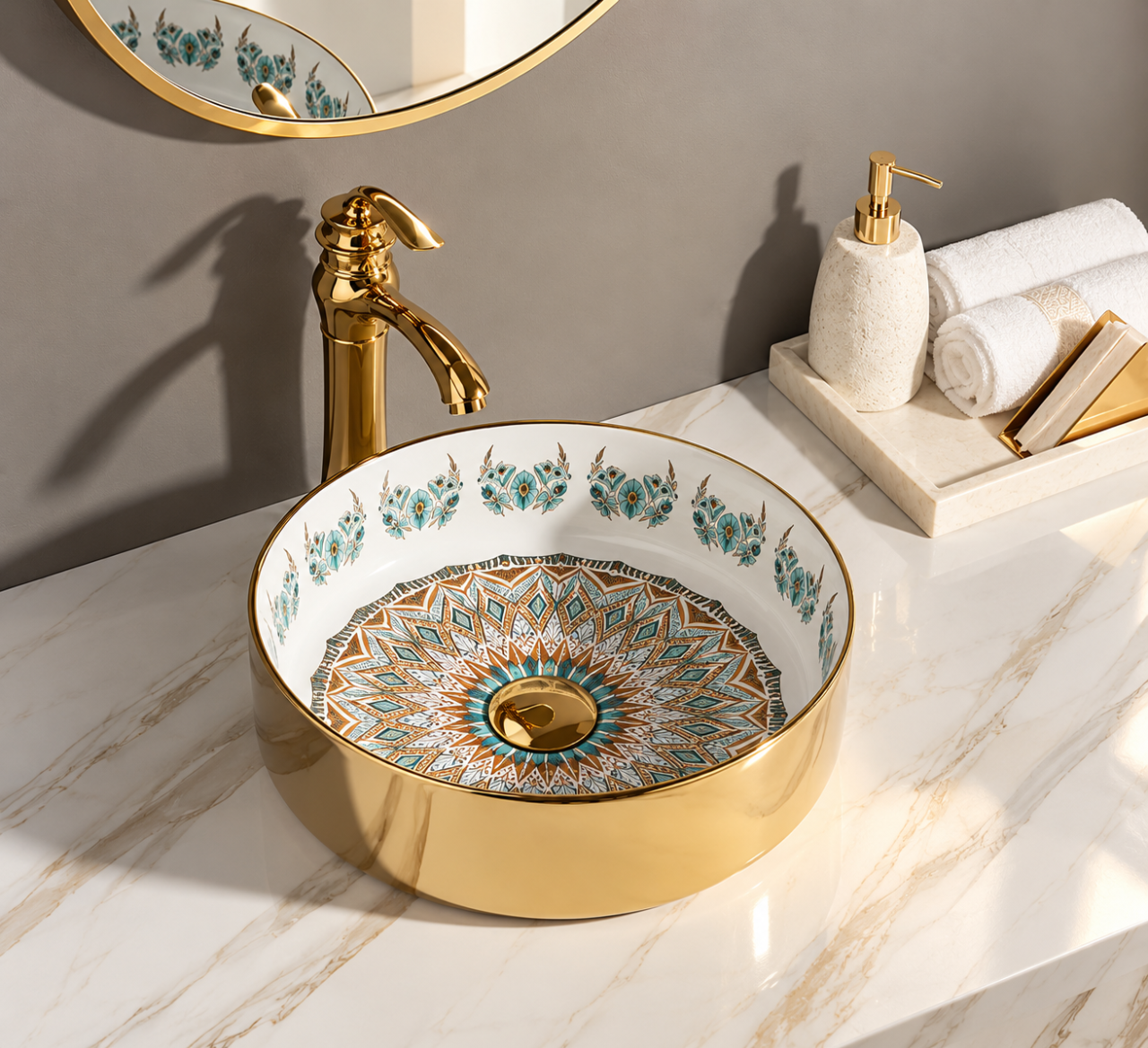 Lavoar ceramic BisDesign auriu lucios cu model turcoaz auriu 365x365x125 mm [2]