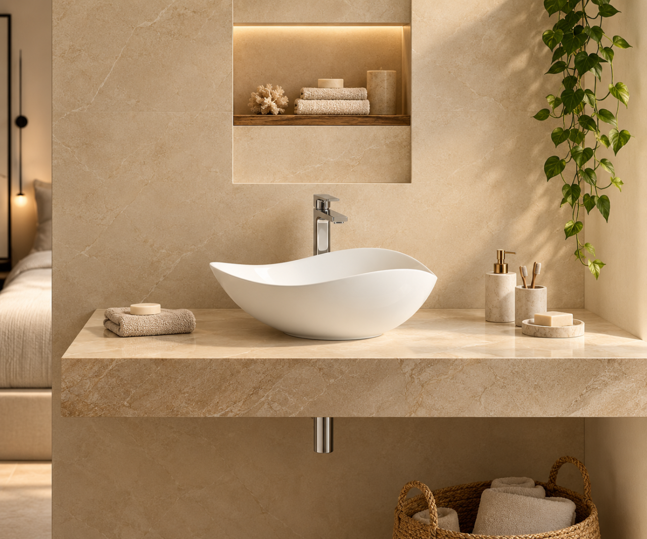 Lavoar ceramic pe blat BisDesign alb lucios formă organică asimetrică [2]