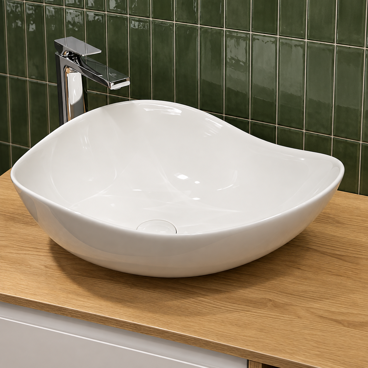 Lavoar ceramic pe blat BisDesign alb lucios formă organică asimetrică [3]