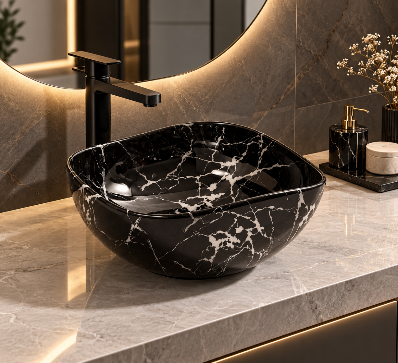 Lavoar ceramic rotund BisDesign negru marmorat cu venaturi albe 380x170 mm [2]