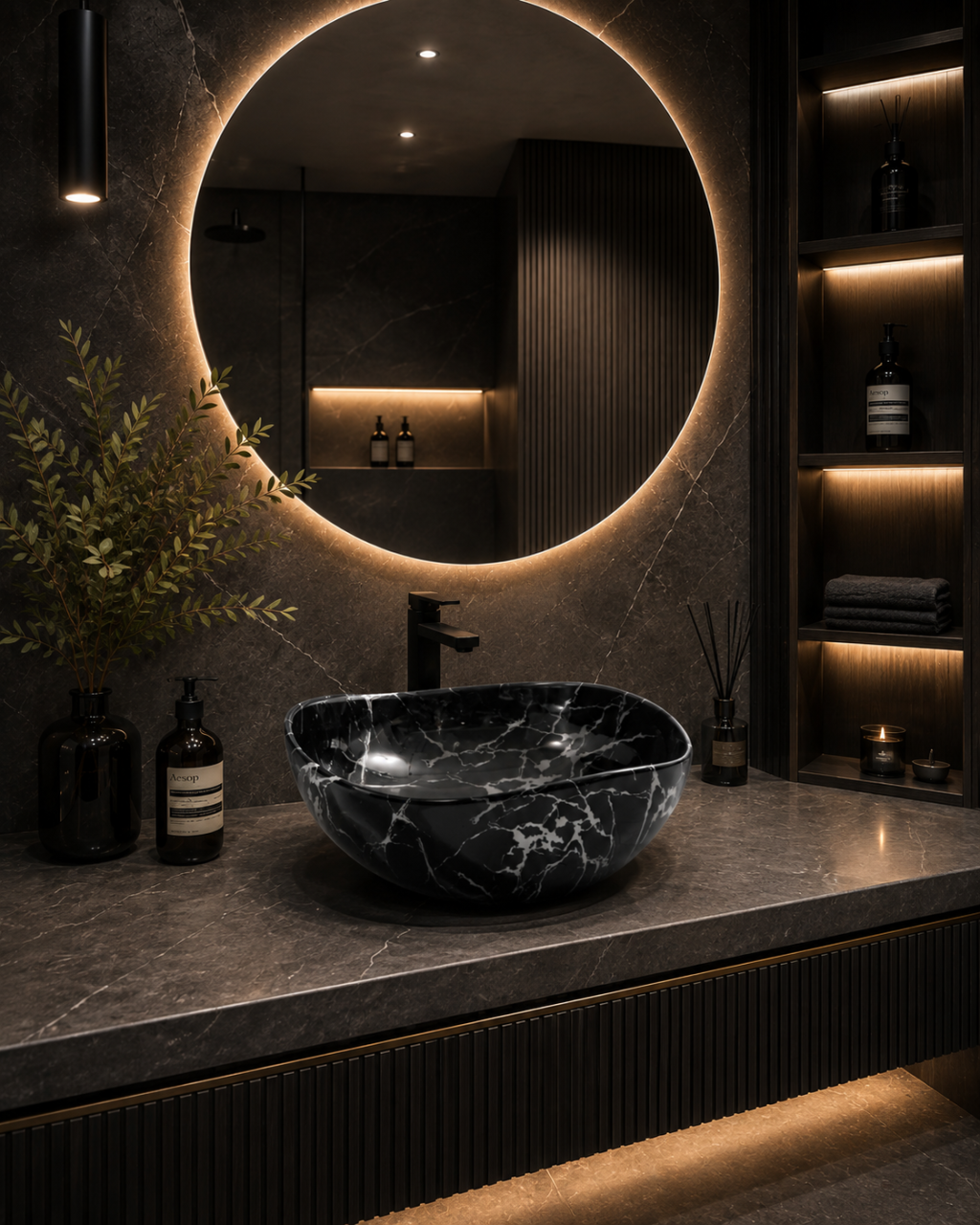 Lavoar ceramic rotund BisDesign negru marmorat cu venaturi albe 380x170 mm [5]
