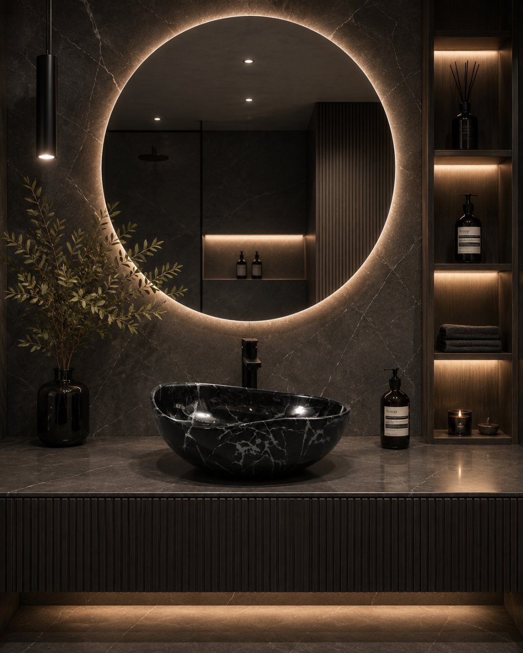 Lavoar ceramic rotund BisDesign negru marmorat cu venaturi albe 380x170 mm [6]