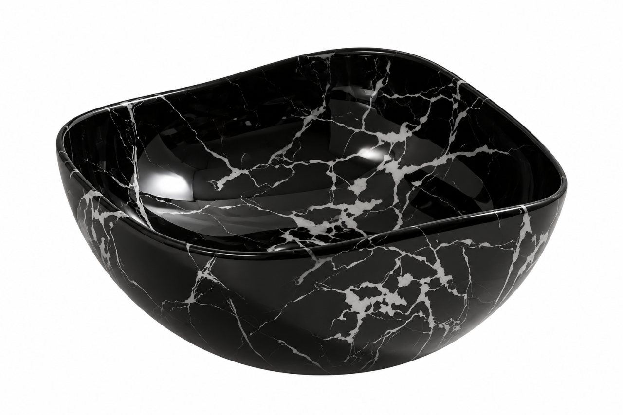 Lavoar ceramic rotund BisDesign negru marmorat cu venaturi albe 380x170 mm [7]