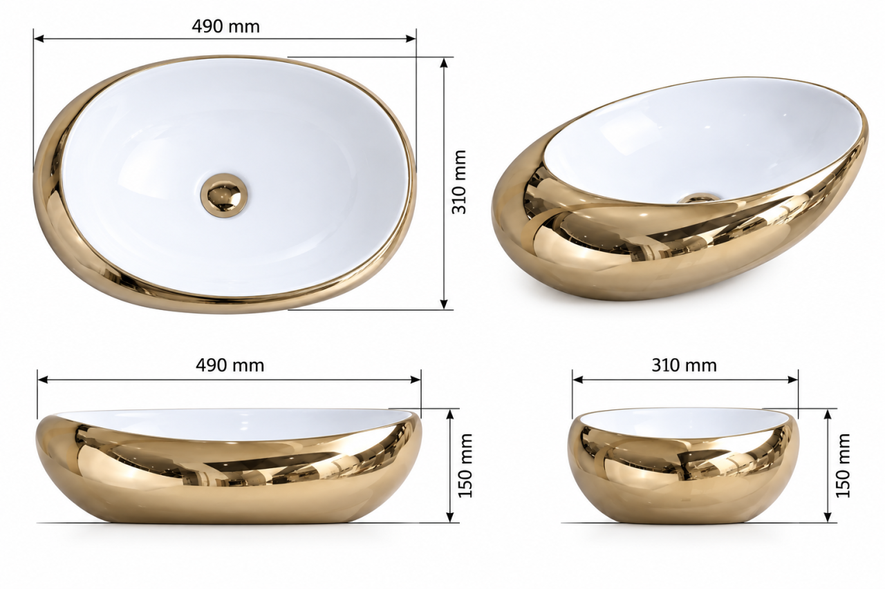 Lavoar ceramic BisDesign alb auriu lucios oval 490x310x150 mmLavoar ceramic BisDesign alb auriu lucios oval 490x310x150 mm [8]