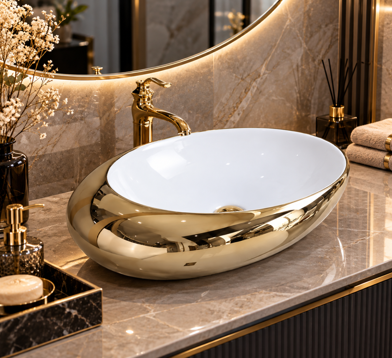 Lavoar ceramic BisDesign alb auriu lucios oval 490x310x150 mmLavoar ceramic BisDesign alb auriu lucios oval 490x310x150 mm [2]