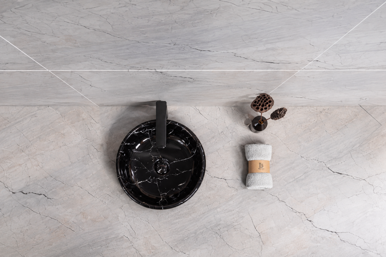 Lavoar ceramic rotund BisDesign negru marmorat striat 380x150 mm [5]