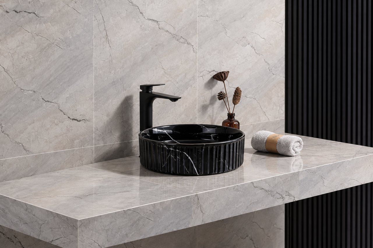 Lavoar ceramic rotund BisDesign negru marmorat striat 380x150 mm [4]