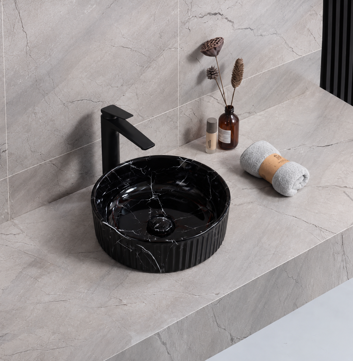 Lavoar ceramic rotund BisDesign negru marmorat striat 380x150 mm [3]
