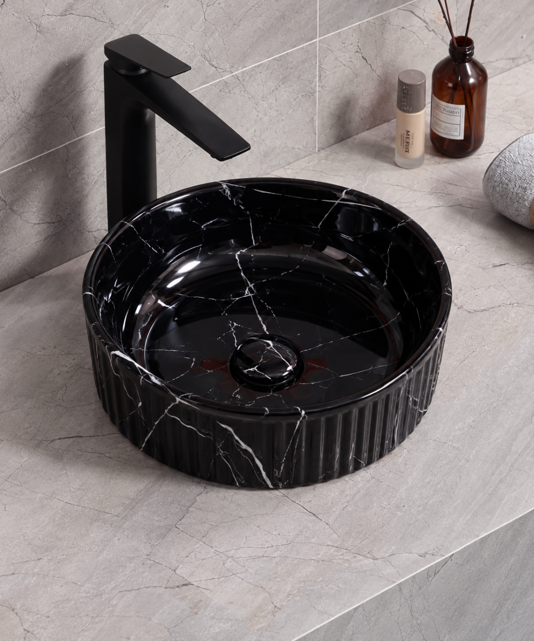 Lavoar ceramic rotund BisDesign negru marmorat striat 380x150 mm [2]