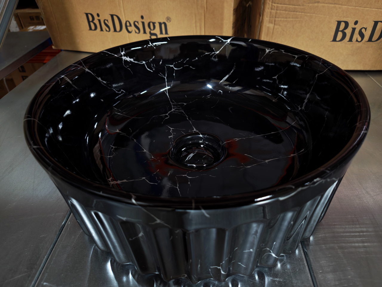Lavoar ceramic rotund BisDesign negru marmorat striat 380x150 mm [8]