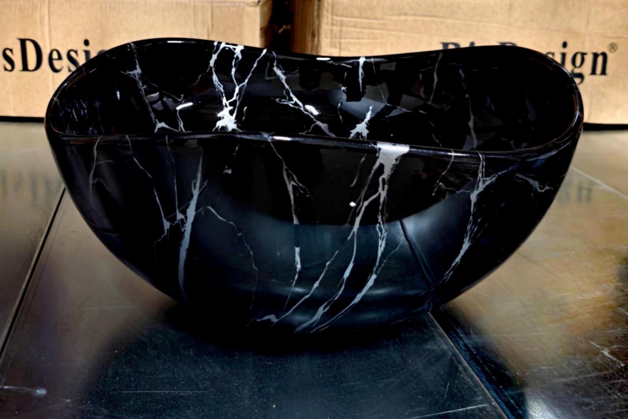Lavoar ceramic rotund BisDesign negru marmorat cu venaturi albe 380x170 mm [10]