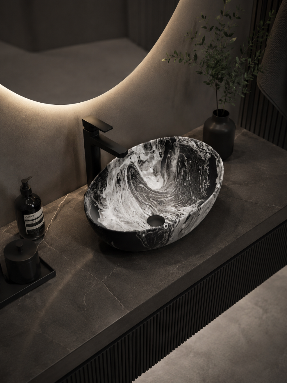 Lavoar ceramic BisDesign oval marmorat alb negru 515x400x130 mm cu ventil inclus [3]
