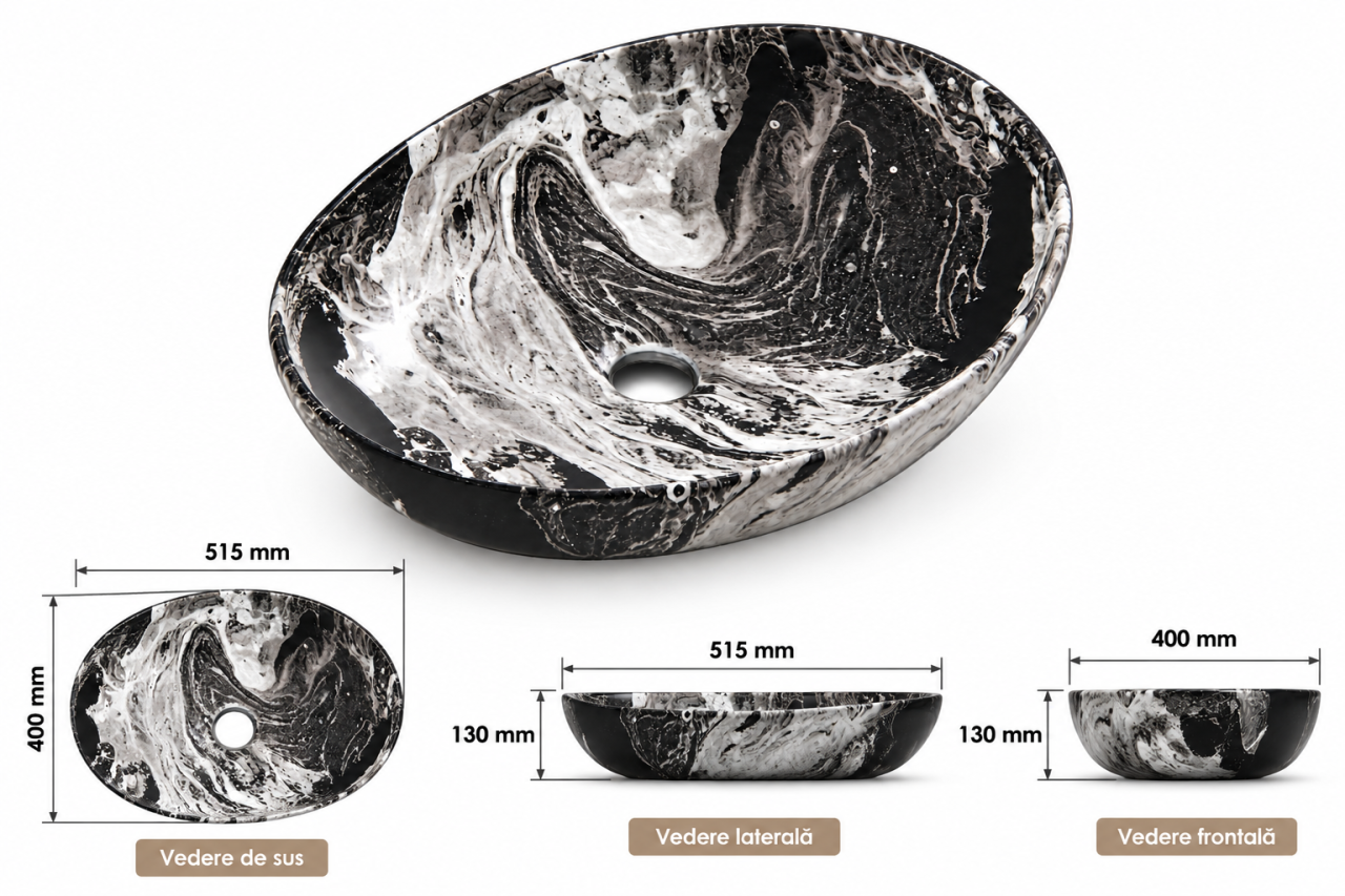 Lavoar ceramic BisDesign oval marmorat alb negru 515x400x130 mm cu ventil inclus [11]