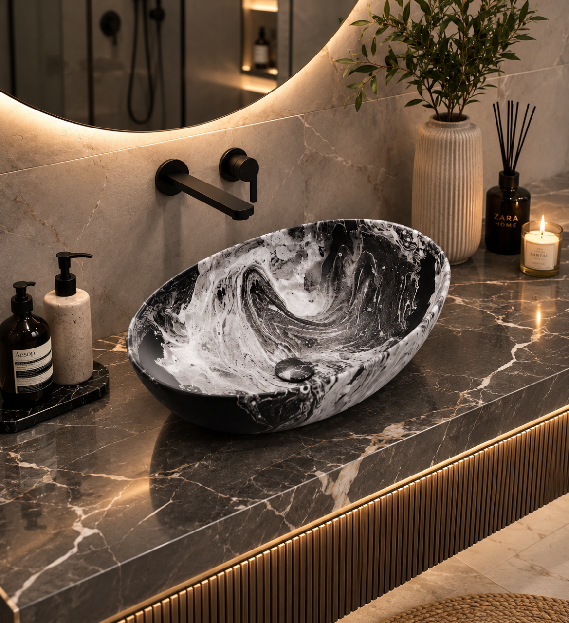 Lavoar ceramic BisDesign oval marmorat alb negru 515x400x130 mm cu ventil inclus [2]