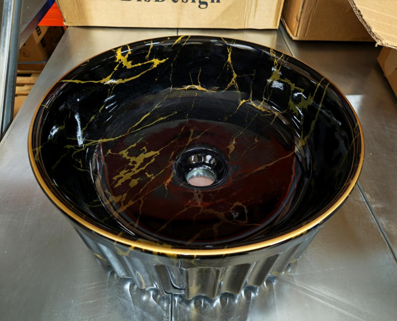 Lavoar ceramic BisDesign negru marmorat cu auriu striat 380x150 mm [6]