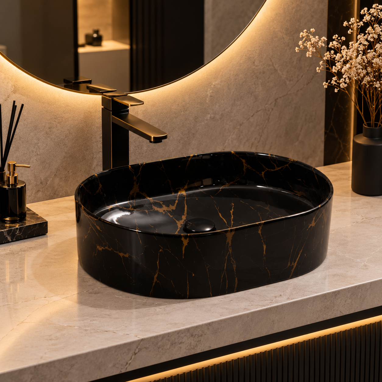 Lavoar ceramic oval pe blat BisDesign negru marmorat cu nervuri aurii 500x370x135 mm [3]