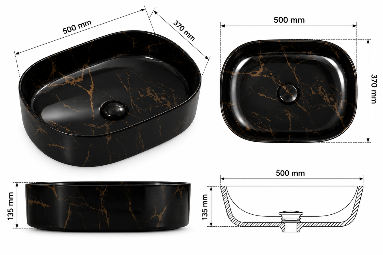 Lavoar ceramic oval pe blat BisDesign negru marmorat cu nervuri aurii 500x370x135 mm [9]
