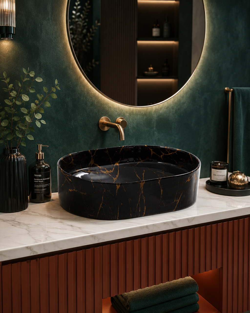 Lavoar ceramic oval pe blat BisDesign negru marmorat cu nervuri aurii 500x370x135 mm [2]