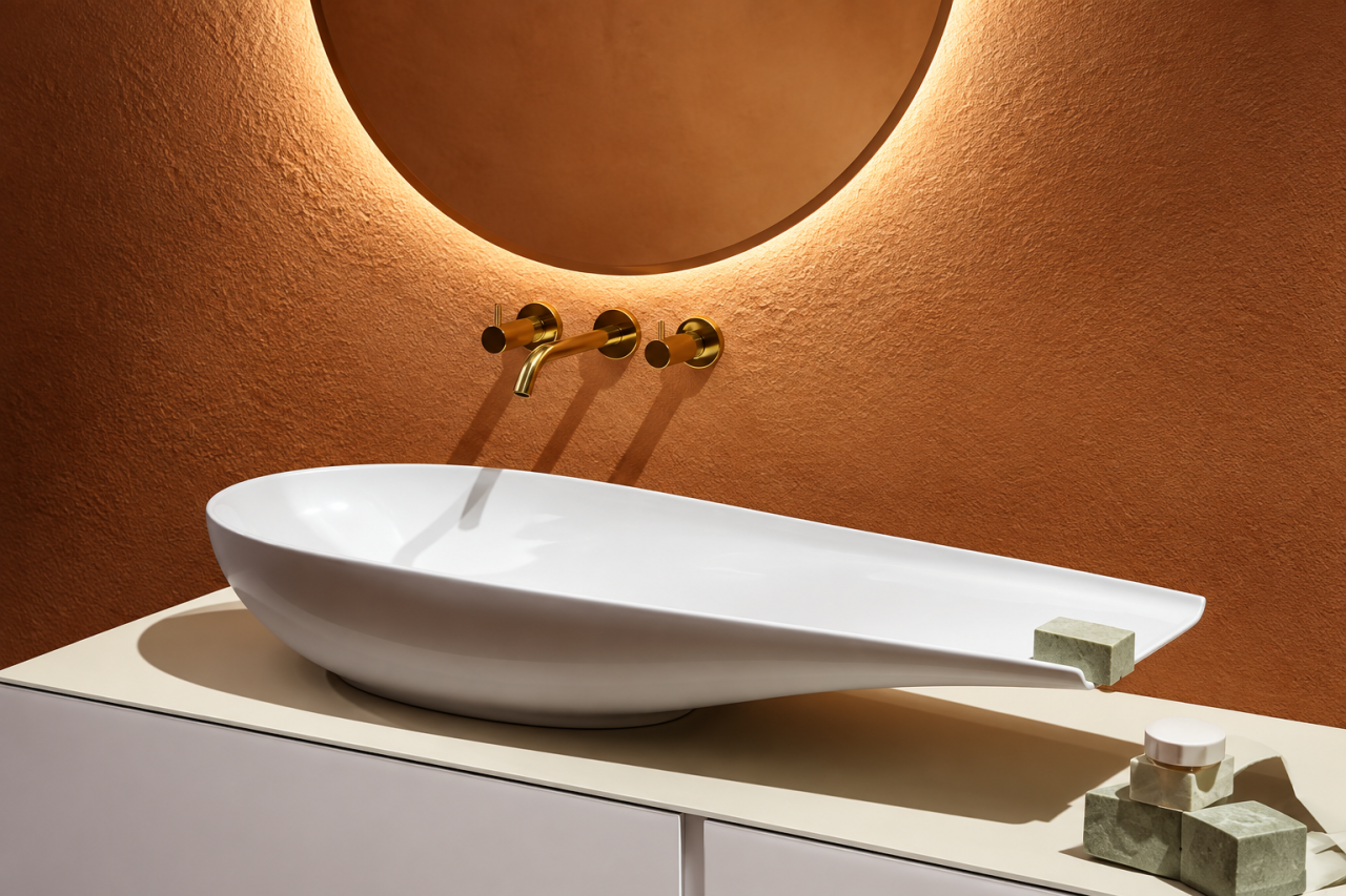 Lavoar ceramic BisDesign alb lucios asimetric pe blat 595x275x165 mm [2]