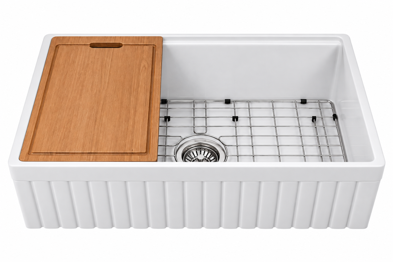 Chiuveta bucatarie ceramica farmhouse BisDesign reversibila 760x459x254 mm cu accesorii [6]