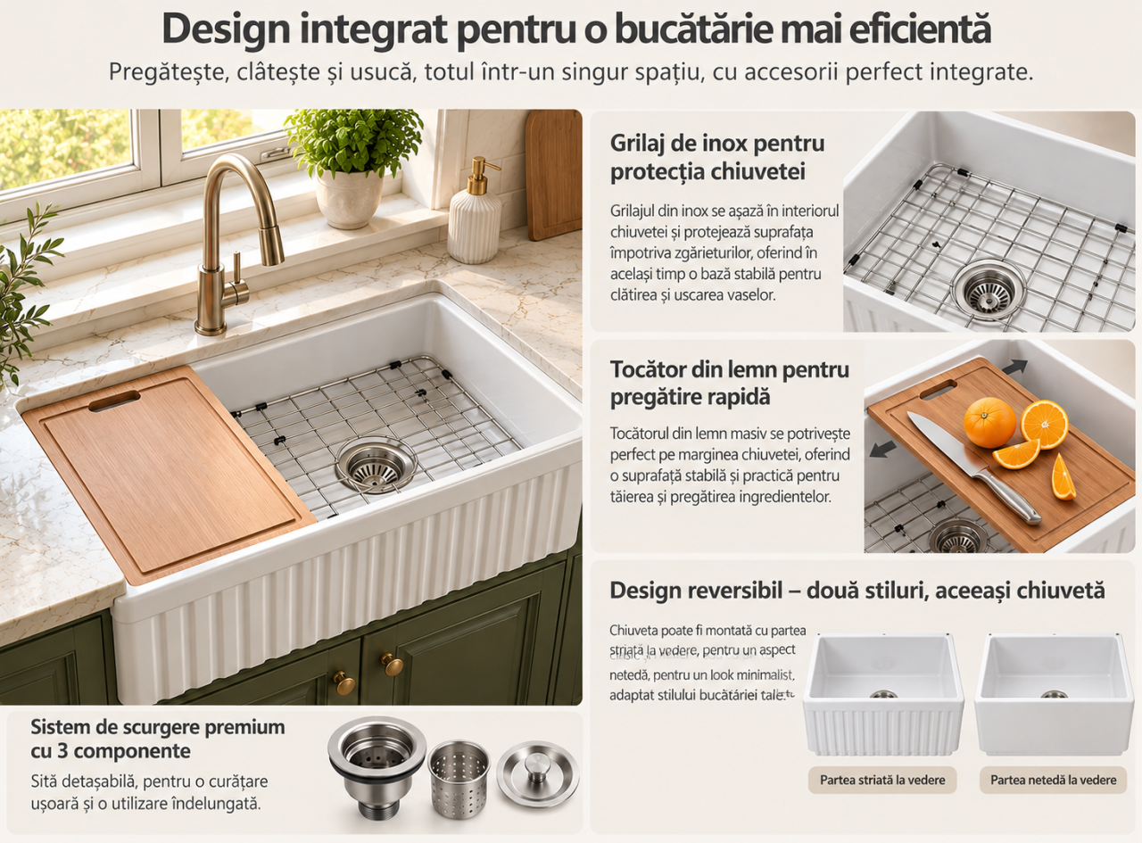Chiuveta bucatarie ceramica farmhouse BisDesign reversibila 760x459x254 mm cu accesorii [7]