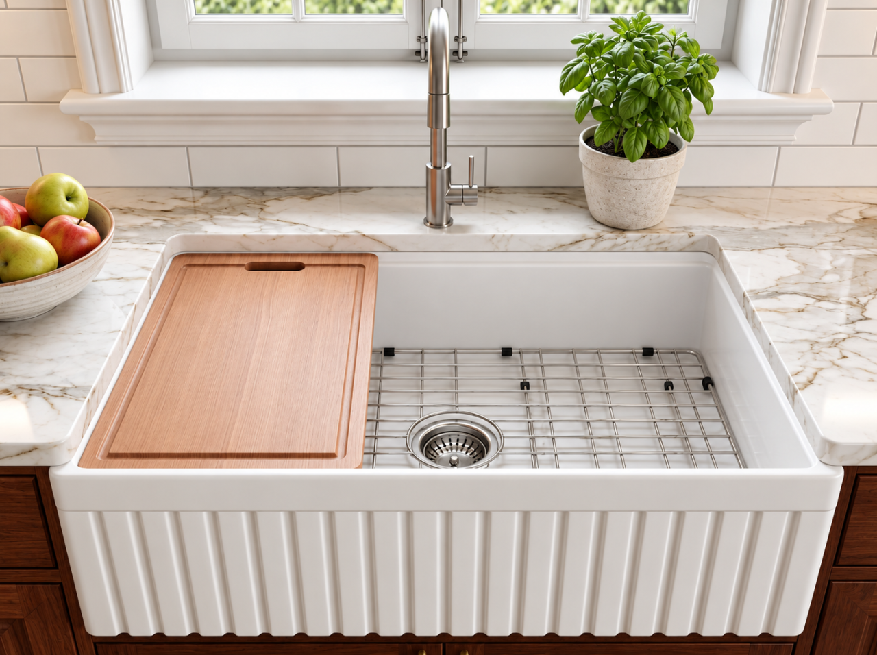 Chiuveta bucatarie ceramica farmhouse BisDesign reversibila 760x459x254 mm cu accesorii [5]