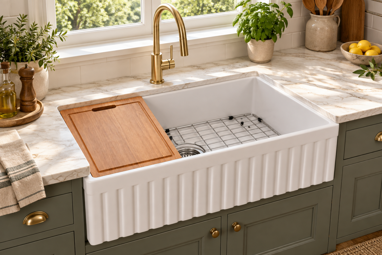 Chiuveta bucatarie ceramica farmhouse BisDesign reversibila 760x459x254 mm cu accesorii [3]