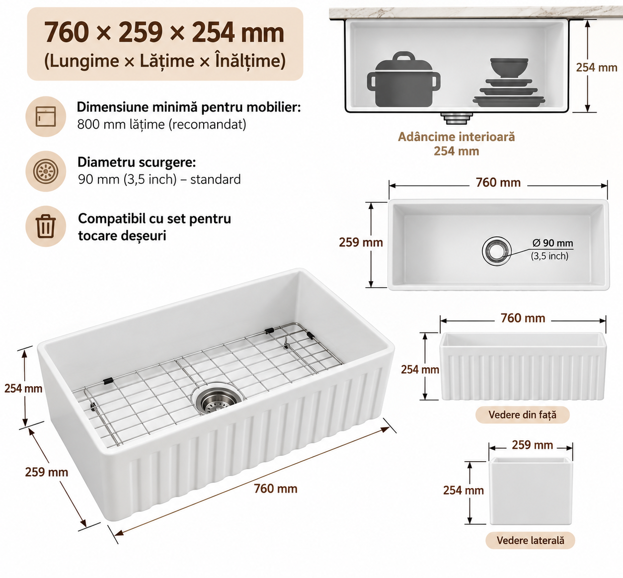 Chiuveta bucatarie ceramica farmhouse BisDesign reversibila 760x459x254 mm cu accesorii [10]