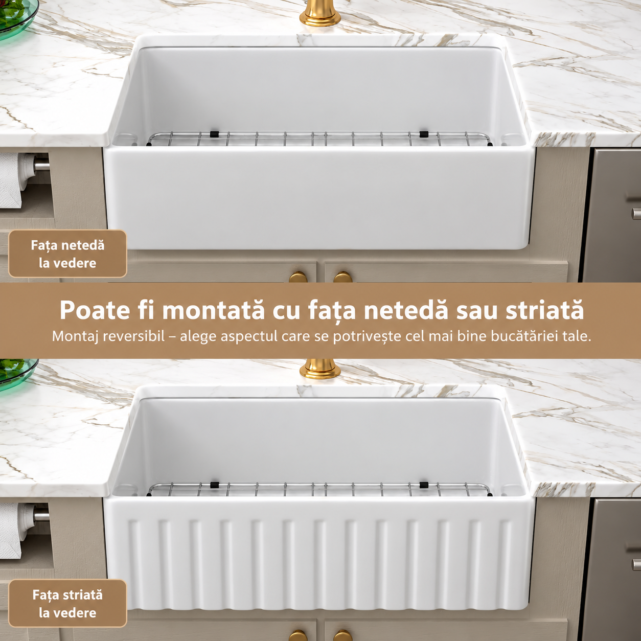 Chiuveta bucatarie ceramica farmhouse BisDesign reversibila 760x459x254 mm cu accesorii [8]