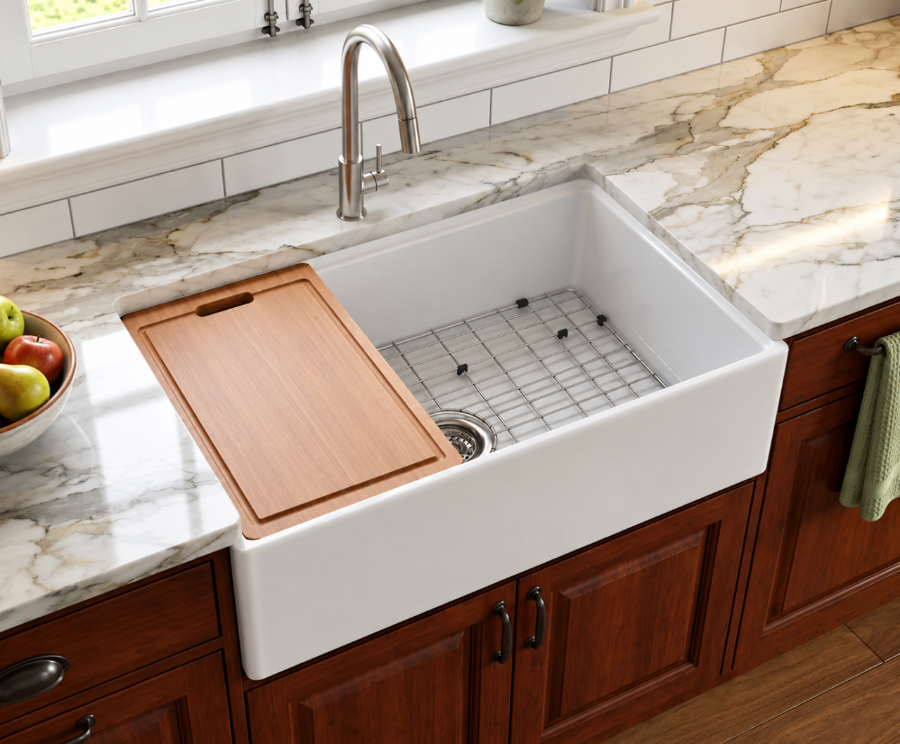 Chiuveta bucatarie ceramica farmhouse BisDesign reversibila 760x459x254 mm cu accesorii [4]