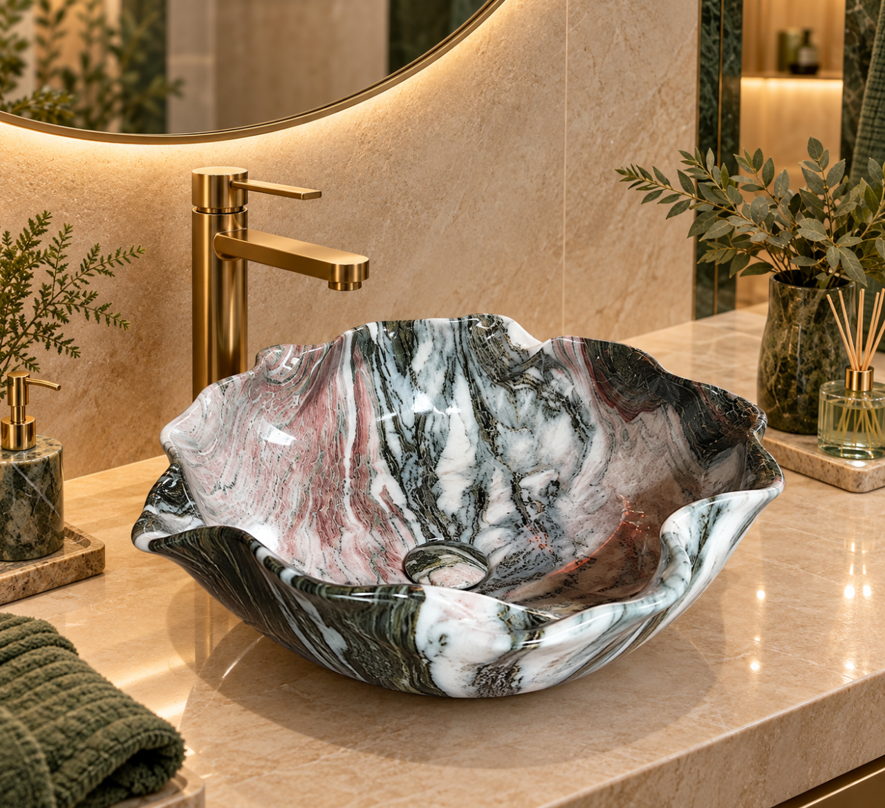 Lavoar Ceramic BisDesign Verde Alb Marmorat Organic 380x380x130 mm cu Ventil Inclus [2]