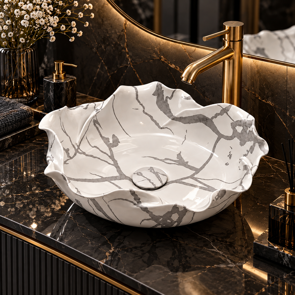 Lavoar Ceramic BisDesign Floral Alb cu Venaturi Gri 400x400x130 mm [3]