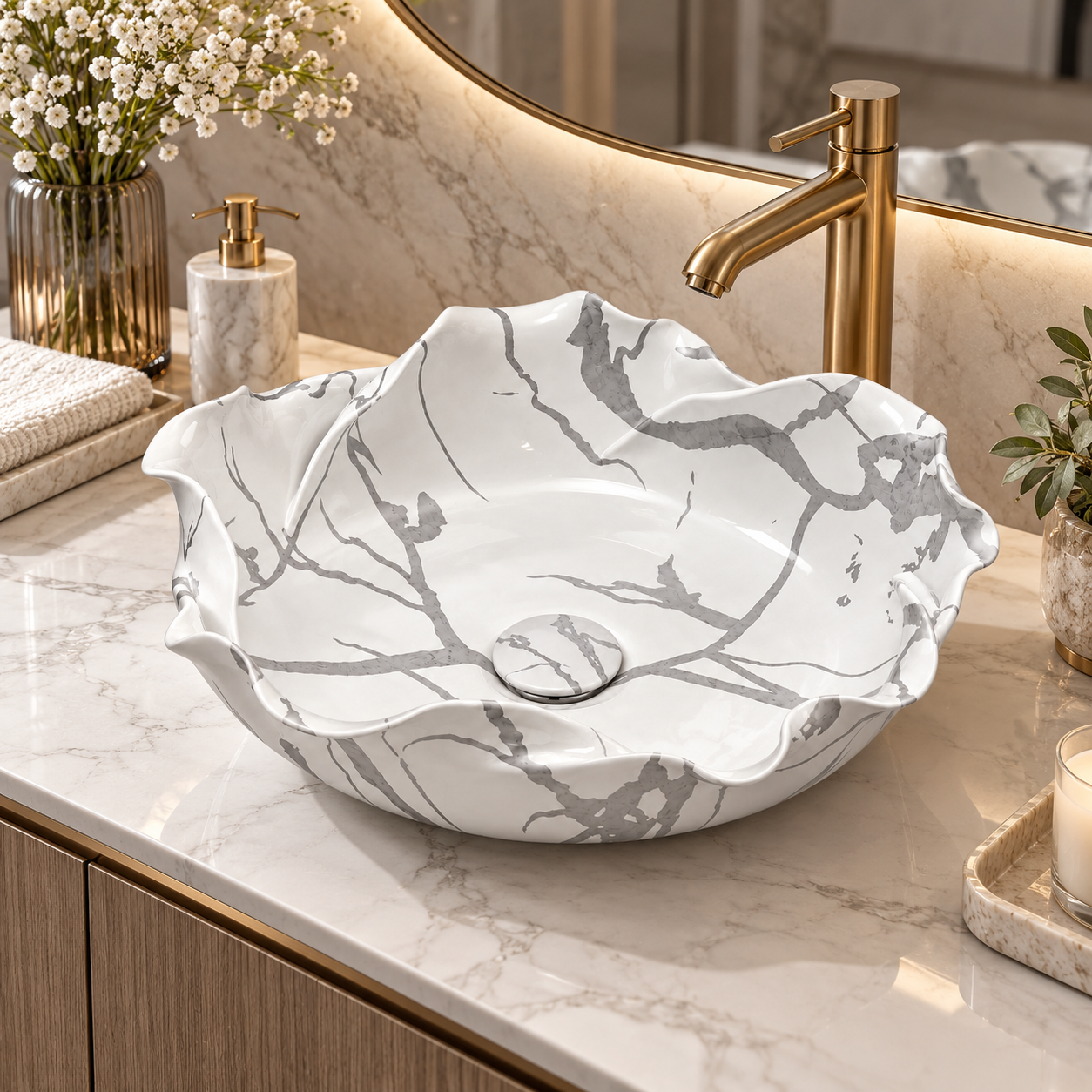 Lavoar Ceramic BisDesign Floral Alb cu Venaturi Gri 400x400x130 mm [4]