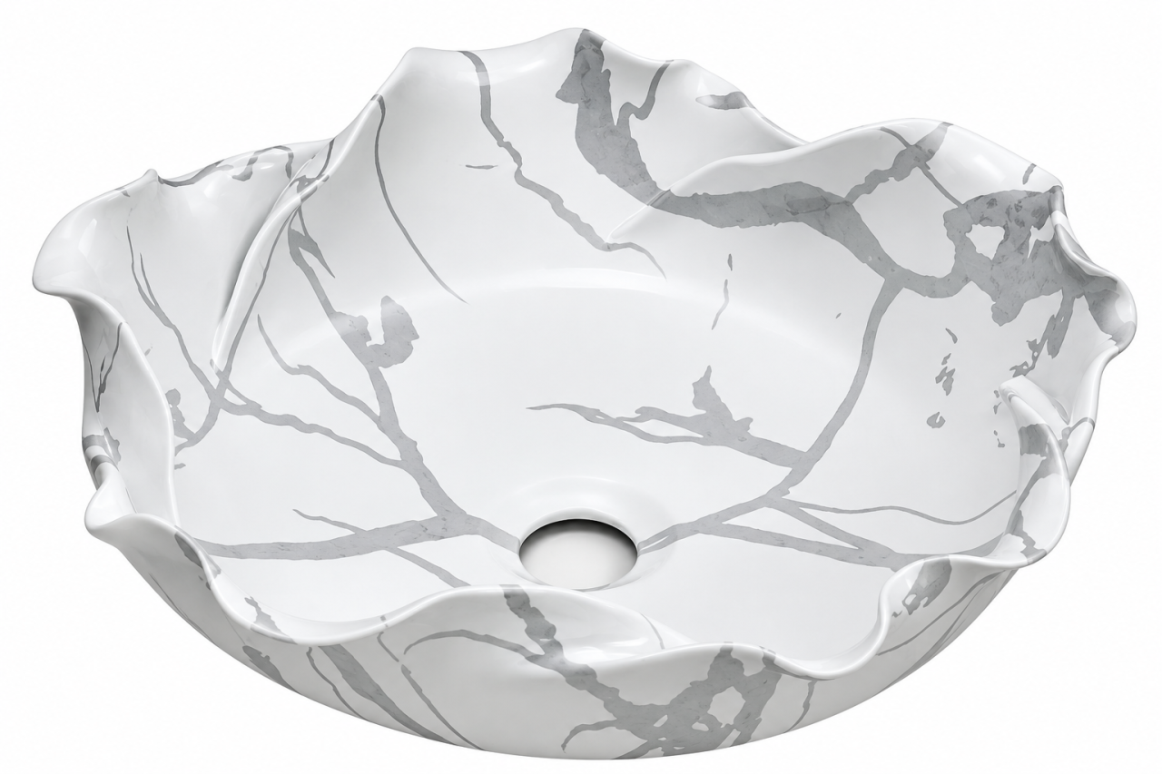 Lavoar Ceramic BisDesign Floral Alb cu Venaturi Gri 400x400x130 mm [2]