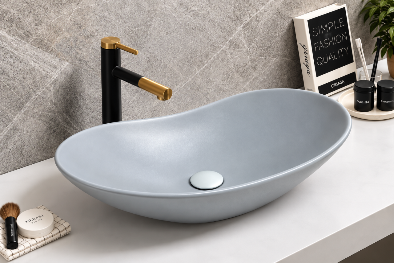 Lavoar BISDesign Ceramic Gri Mat Oval 620x365x160 mm cu Ventil Inclus [7]