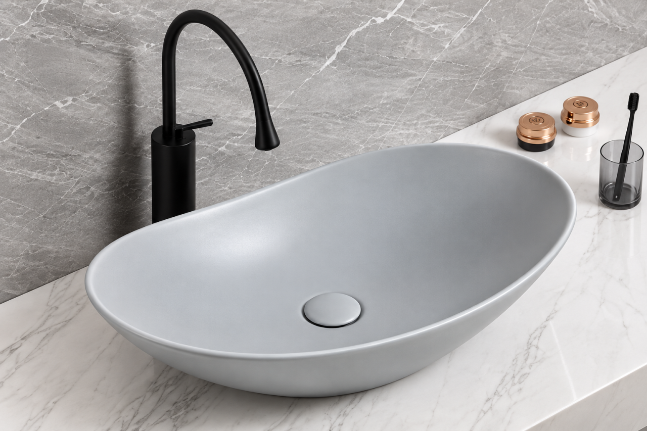 Lavoar BISDesign Ceramic Gri Mat Oval 620x365x160 mm cu Ventil Inclus [3]